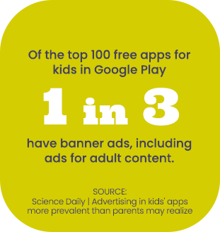Of the top 100 free apps for kids in Google Play 1 in 3 have banner ads, including ads for adult content.